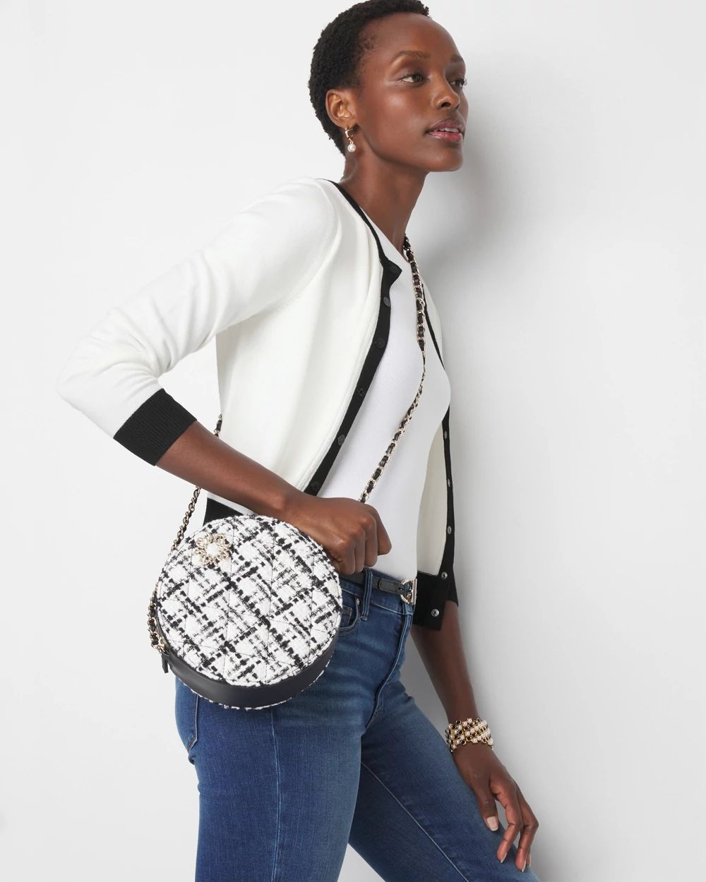 Round Tweed Chain Bag White House Black Market